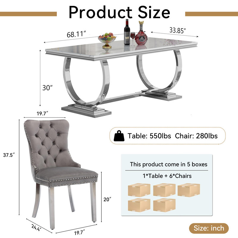 Luxury 68" Dining Table Set for, White Faux Marble Dining Table with Velvet Dining Chairs, Modern Kitchen Table and Chairs Set, Luxury Dining Table Set for Kitchen Dining