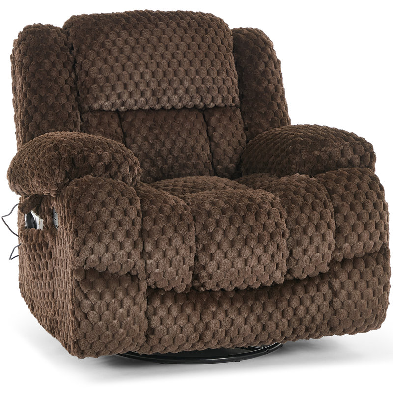 Kinue 41.3" W Swivel Upholstered Recliner with Massage and Heat, Dark Brown Faux Fur