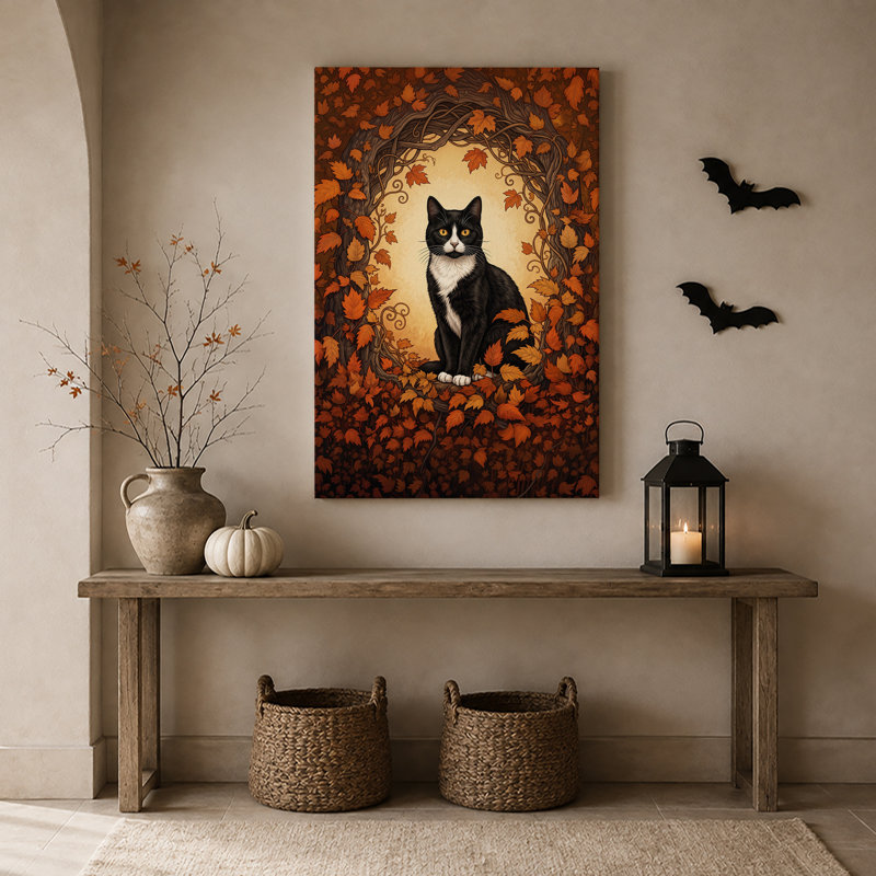 Art sur toile, "Chat noir et blanc" encadré par des branches torsadées, H 18 po x l 12 po