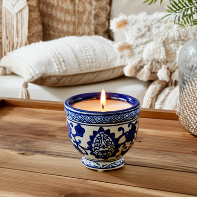Ceramic Chinoiserie Candle - 4" 6Oz, Blue/White