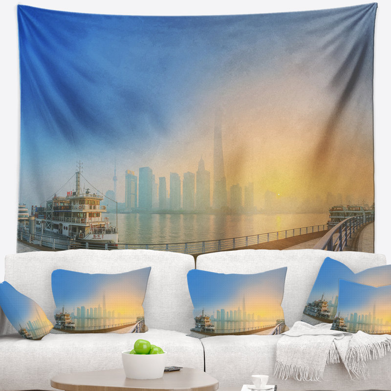 Tapisserie soirée avec lumières cityscape shanghais, H 32 po x l 39 po