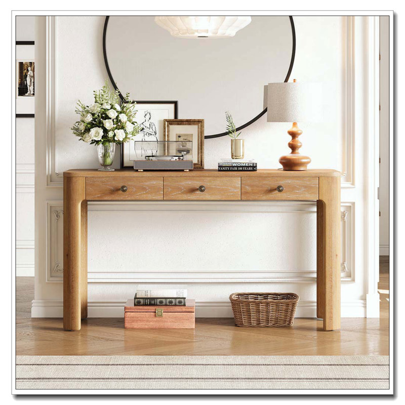 Console rustique avec coins arrondis pour la sécurité, table d'entrée avec 3 tiroirs dissimulés, Naturel