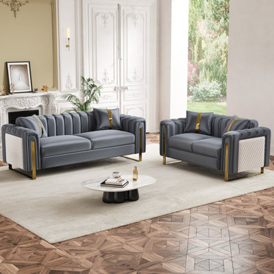 2 Piece Modern Gradient Velvet Sofa with Gold Accent Arms