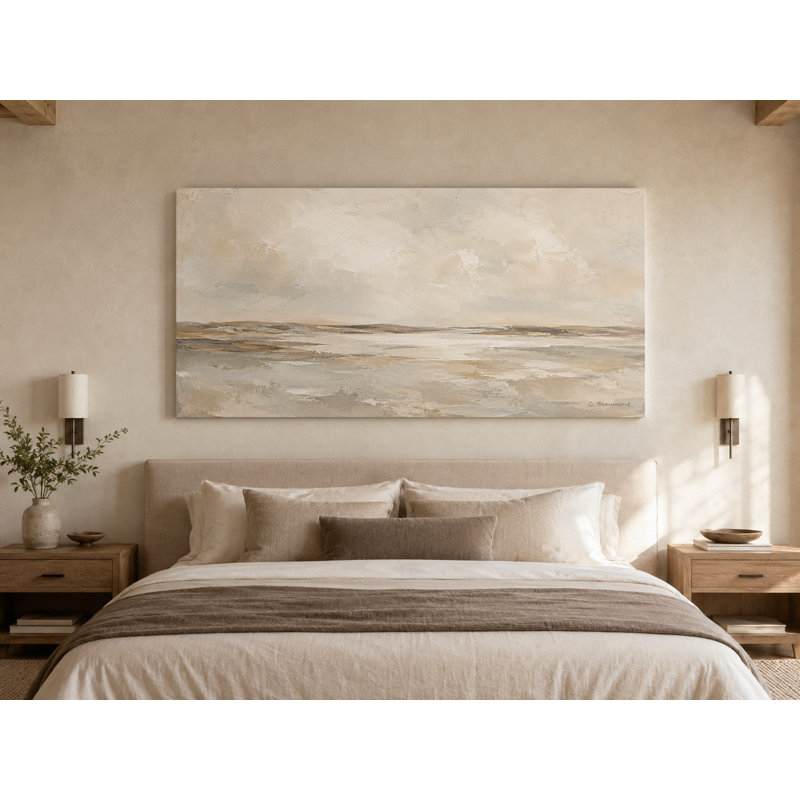 Paysage côtier ivoire et taupe enveloppé à Ingeburg, L 55 po x H 27,5 po x P 1,5 po
