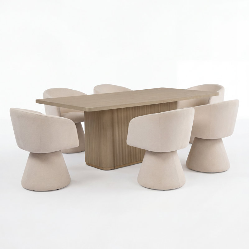Swainswick 7-Piece Dining Table Set With 180° Swivel Chairs & Wooden Tabletop, Beige, Light Ash