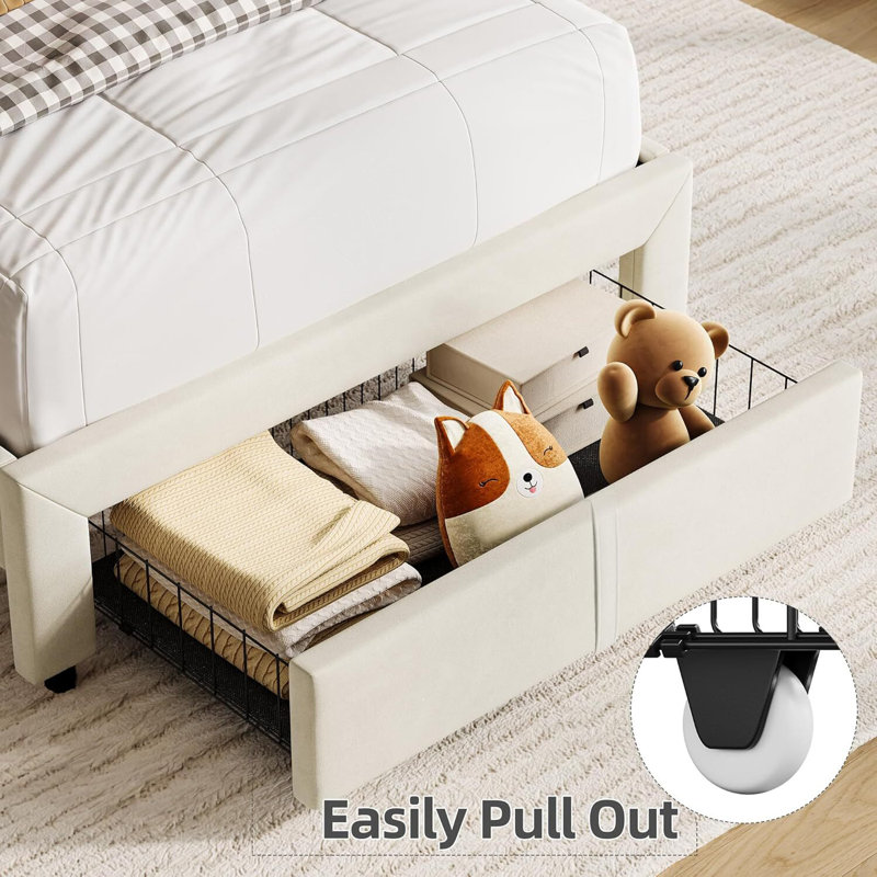 Upholstered Platform Bed With Large Storage Drawer And Bookcase Headboard, Twin, White