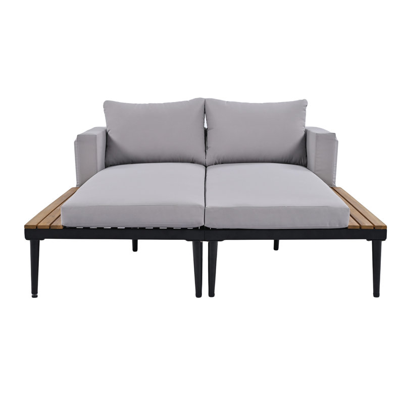 Lit de jour d'extérieur moderne en métal avec espaces en bois pour boissons, Gris, Noir