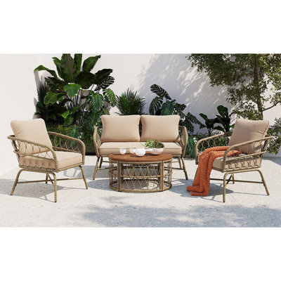 Ensemble de conversation d'extérieur 4 personnes d'inspiration bohémienne avec coussins amovibles, ensemble de conversation, beige, ensemble de patio, mobilier de patio