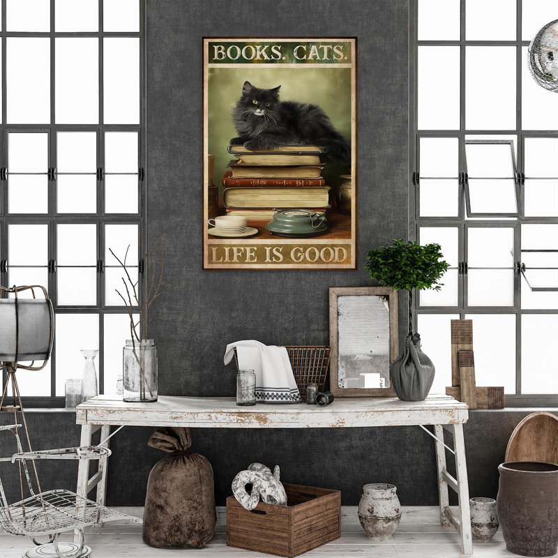 Livres, chats, vie, bon, impression sur toile tendue, H 36 po x l 24 po x P 1,25 po