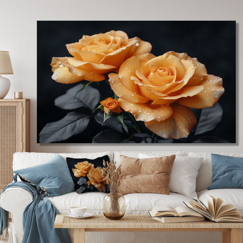 Monochromes roses noires et jaunes Bloom I - Roses, art mural, Toile tendue, H 40 po x l 60 po