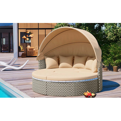 Ensemble de canapé modulaire d'extérieur rond en rotin à deux tons avec auvent rétractable, siège séparé et coussin amovible