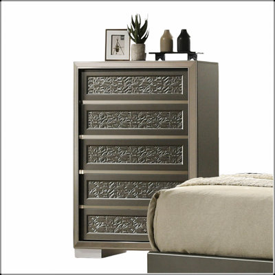 Commode à 5 tiroirs de style contemporain avec dessus doublé de feutre, finition gris foncé et motif de feuilles élégant pour des solutions de rangement modernes