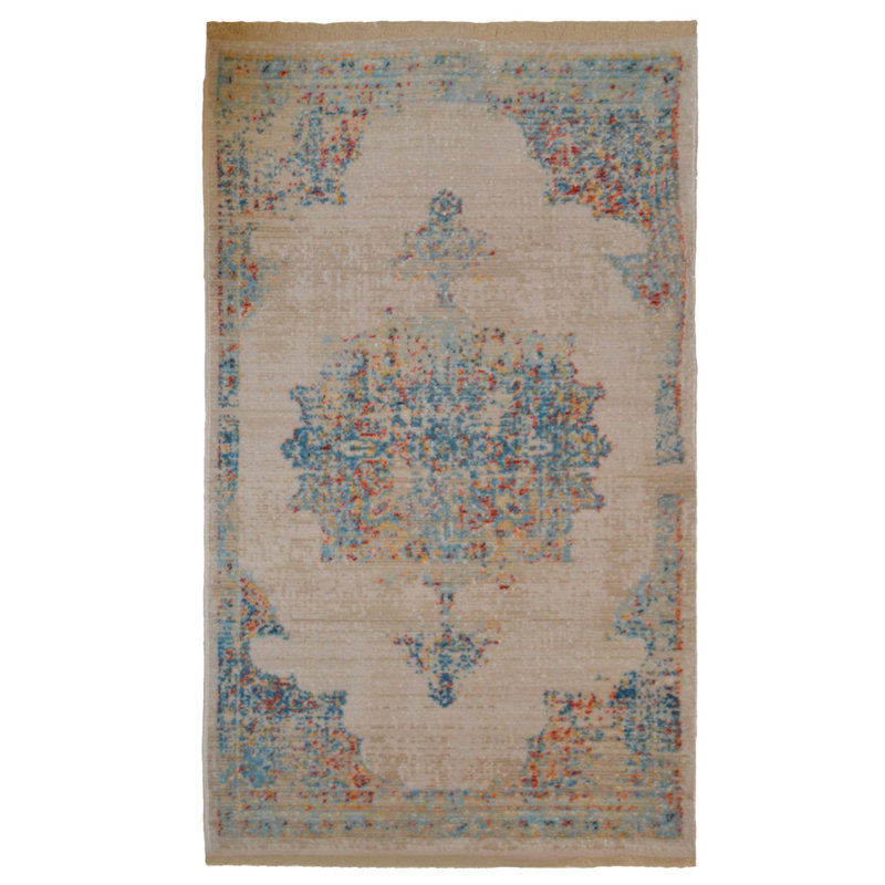 Tapis bleu / beige en polyester oriental tissé à la machine 2 pi x 3 pi 10 po