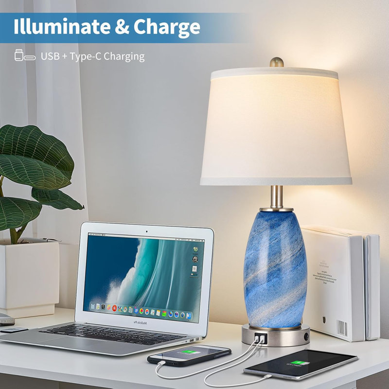 Blue Textured Glass 3-Way Table Lamps with USB Ports, Set of 2
