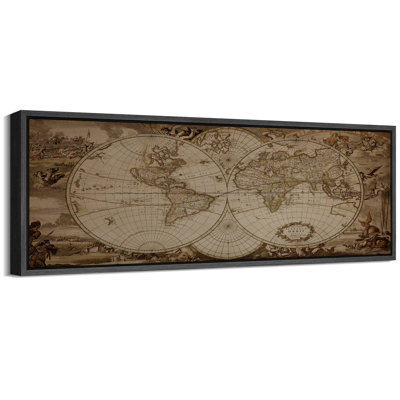 Vintage World Map with Ornate Details Extra Large Pictures Framed Canvas Print Wall Art