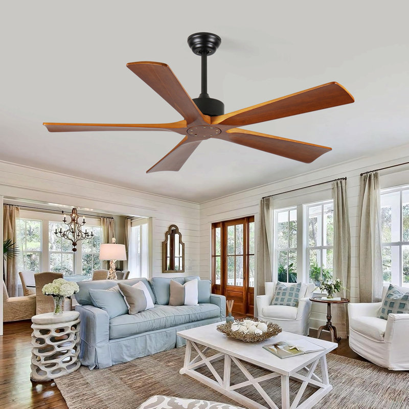 52 Inch Ceiling Fans And Remote, Wood Indoor Outdoor Ceiling Fan With Light For Patios Living Room Bedroom 5 Blades DC Motor Mid Century Modern Wooden Fan