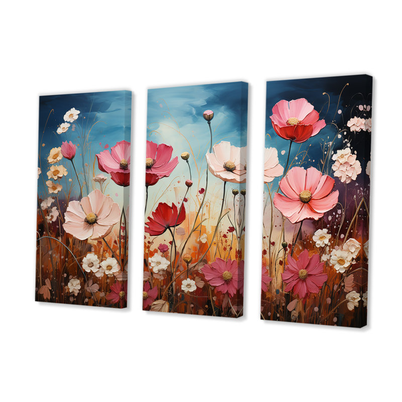 «Pink Crimson Flower Meadow Field IV», ensemble d'art mural floral, H 32 po x l 48 po x P 1 po