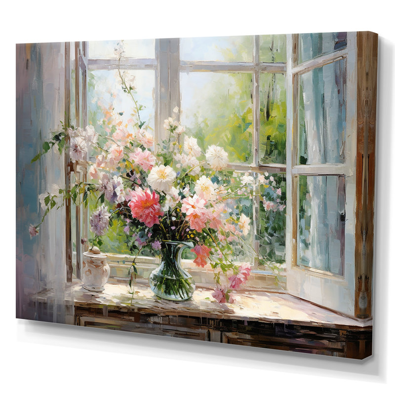 Delicate vintage flower french windows view III - Floral Window Wall Decor, Wrapped Canvas, 34" H x 44" W x 1.5" D
