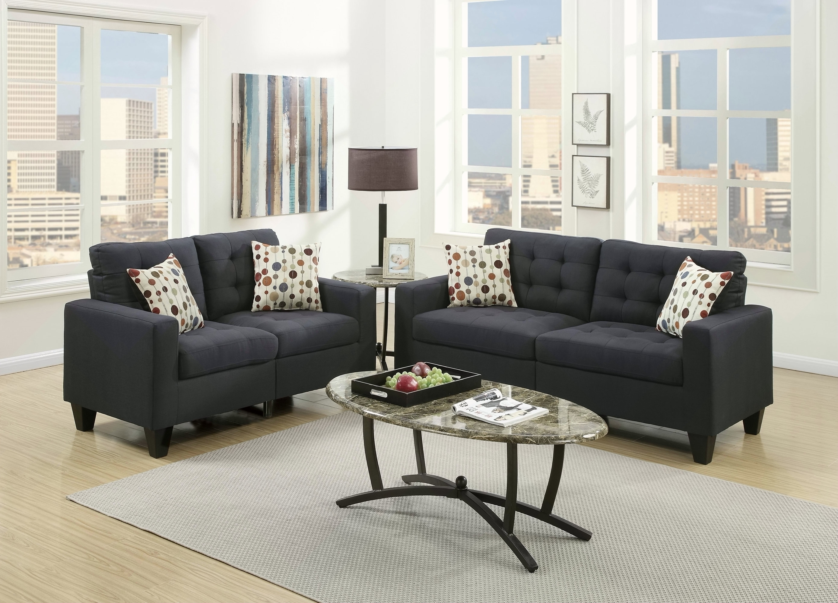Latitude Run® Living Room Furniture 2Pc Sofa Set Black Polyfiber Tufted ...