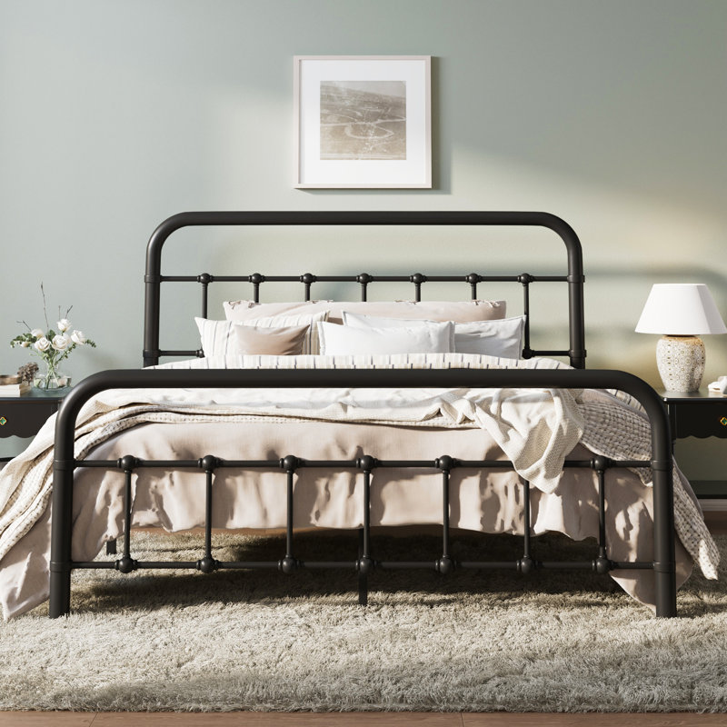 Kawamoto Metal Platform Bed Frame with Elegant Modern Design, Black, Queen