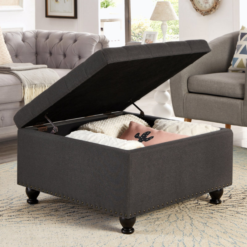 Dark Gray Tufted Linen Square Cocktail Ottoman with Wooden Legs