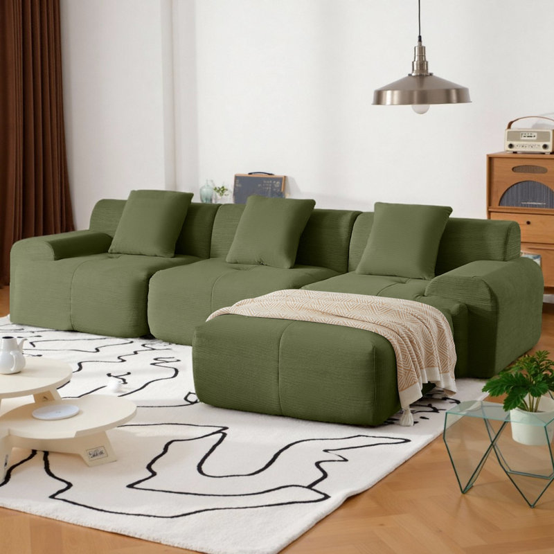 Canapé modulaire en forme de L de 113 po surdimensionné à 3 places avec siège profond et repose-pieds mobile de 113 po, revêtement en velours côtelé, aucun assemblage requis, emballé sous vide pour une livraison facile
