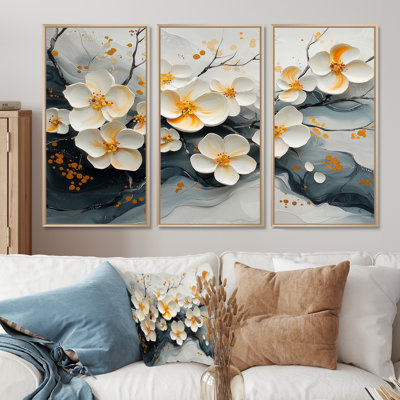 Velvet Black Cherry Blossoms II - Cherry Blossom Wall Art For Living Room - Set Of 3