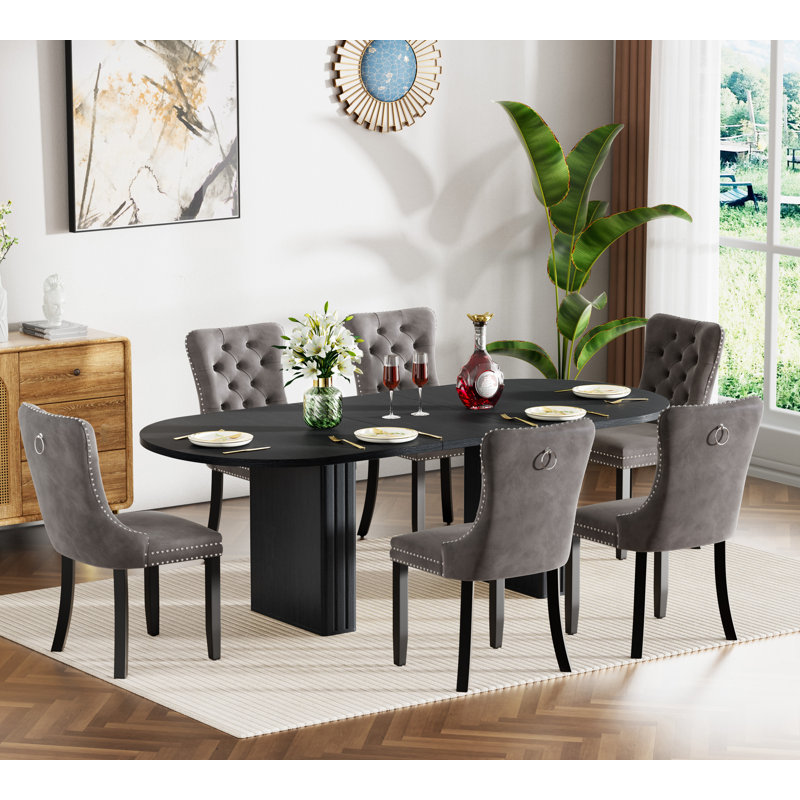 Extendable Dining Table Set, Rustic Oval Dining Room Table & Velvet Dining Chairs with Wood Leg, 62.99" -78.74" Dining Table and Chairs Set, Modern Dining Table Set