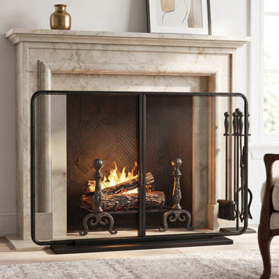 Erick 50.39'' Wide Modern Two-Panel Iron Fireplace Screen with Reinforced Mesh and Freestanding Base