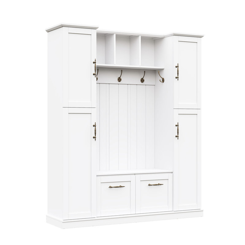 Farmhouse Elegant Hall Tree with 4 Side Cabinets, All-in-One Mudroom Furniture with Adjustable Shelves & Open Cubbies, Beadboard Entryway Bench with Coat Rack & 5 Hooks for Hallway
