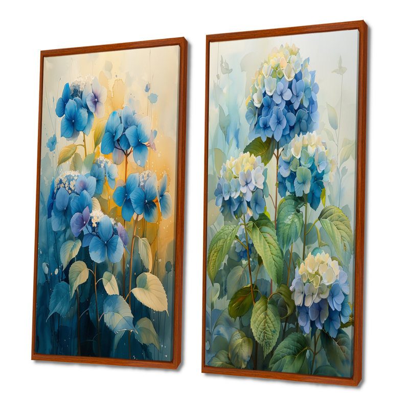 Ensemble d'hortensias muraux bleu et vert, Brun, H 28 po x l 24 po, Impression encadrée