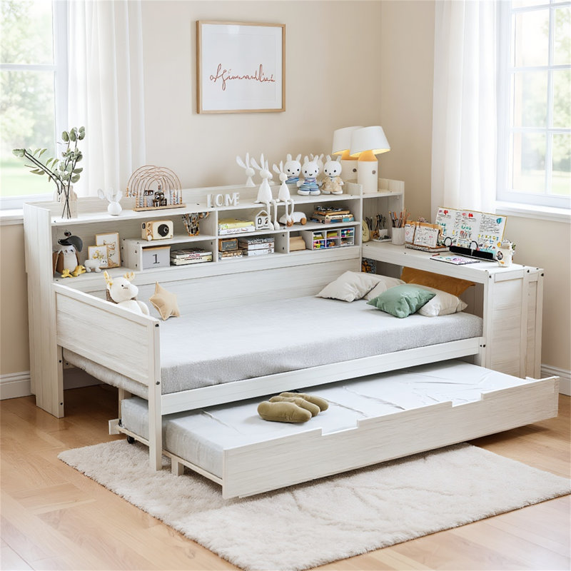 Multifunctional Modern Wooden Twin Size Daybed With Storage Shelves, Study Desk And Twin Trundle Bed, White