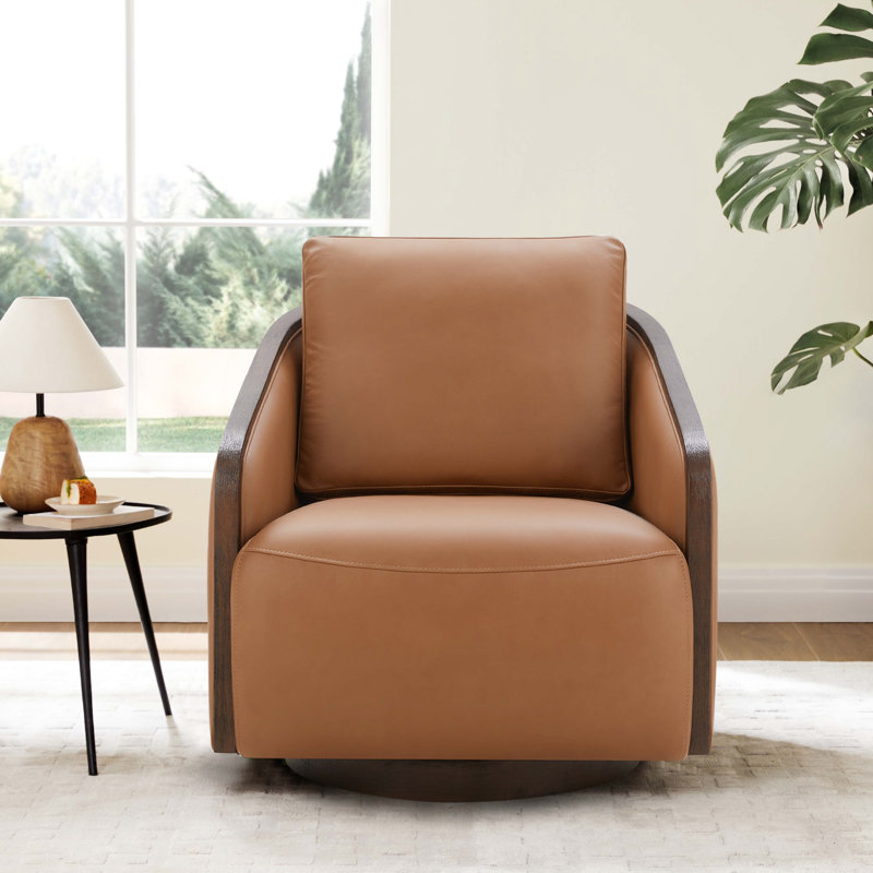 Fauteuil demi-tonneau pivotant de 32 po de largeur Nieve Hinnant, Cuir fleur Aline