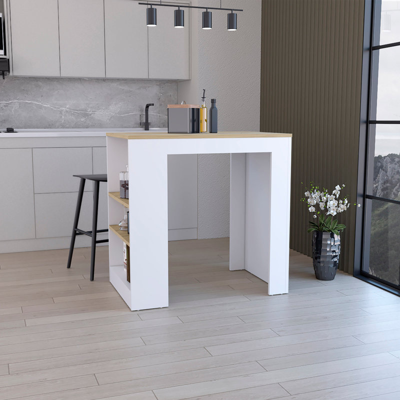 Îlot de cuisine, table de bar de cuisine H 36 po, avec 3 tablettes latérales, blanc / Macadamia