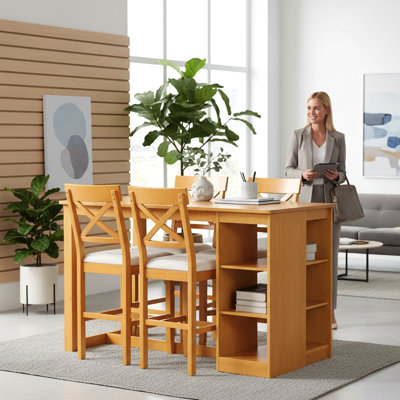 5-Piece Counter Height Breakroom Table Set with Storage Shelves and Padded Chairs