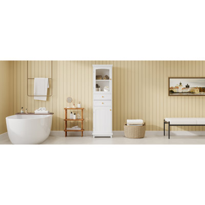 Armoire de rangement pour salle de bain de 63 po de hauteur avec portes en verre, deux tiroirs et tablettes réglables, panneau de fibres à densité moyenne, peint en blanc - pour exposer vos articles préférés