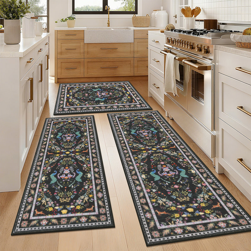 Machine Washable Non-Slip Kitchen Mat, Black/Green