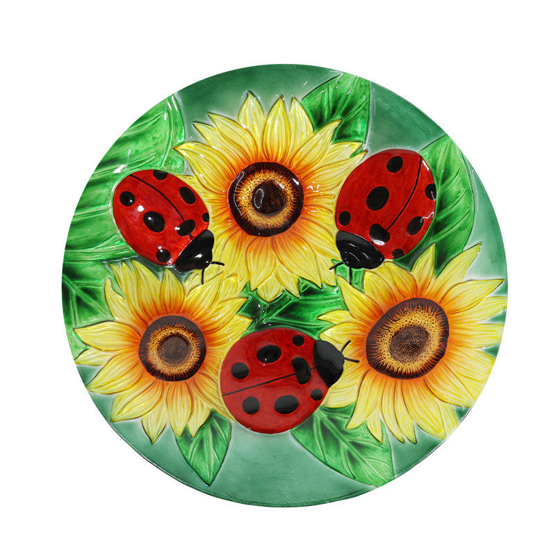 Bain d'oiseaux en verre coccinelles et tournesols
