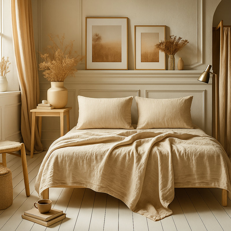 Ensemble de draps 80% Tencel 20% lin français 4 pièces de couleur blanche et beige, Beige