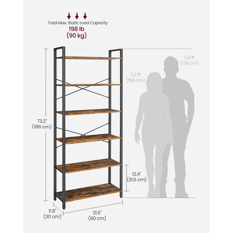 6 Tier Bookcase With Steel Frame, Rustic Brown/Black, 186cm H x 80cm W x 30cm D