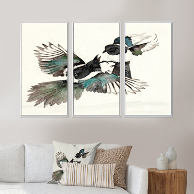 " Two Black And Turquoise Magpies Dancing " 3 - Pieces