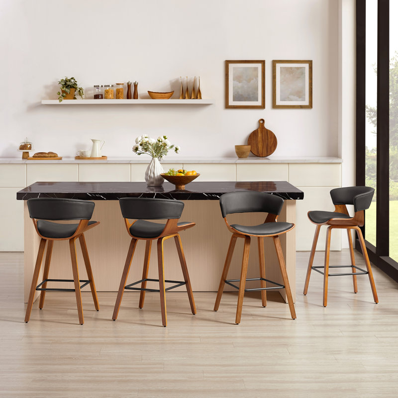 Blayse 26.96" PU Upholstered Counter Bar Stool with Wood Frame (Set of 4), Black Faux Leather/Brown Frame