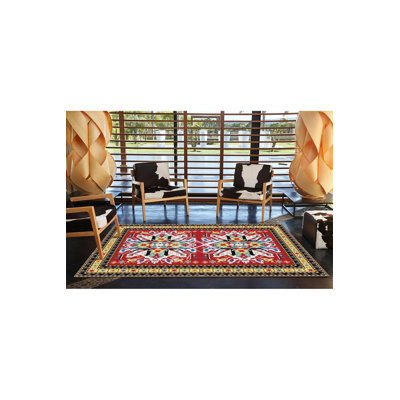 Tapis décoratif rouge tissé à motif géométrique traditionnel lavable à la machine