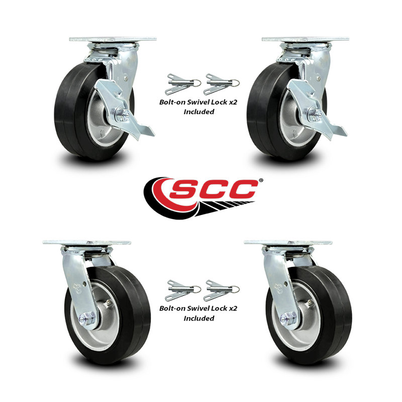 6 Inch Rubber on Aluminum Caster Set with Ball Bearings 4 Swivel Lock 2 Brake/SCC-30CS620-RAB-TLB-BSL-2-BSL-2
