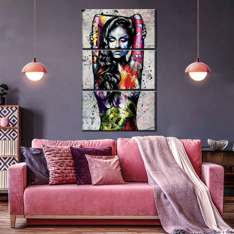 Portrait de femme grunge sur toile, ensemble de 3 pièces, H 57 po x l 36 po x P 1,25 po