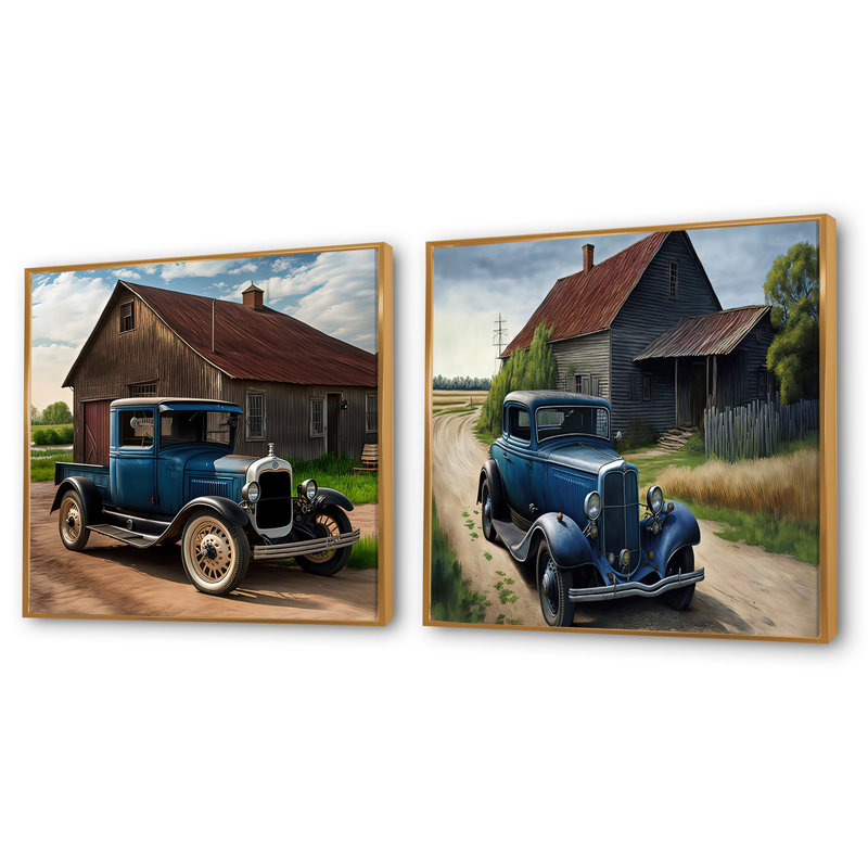 30S Ford Car In Barn II - Vintage Car Square Collage Set of 2, Cadre flottant doré, H 36 po x l 73 po