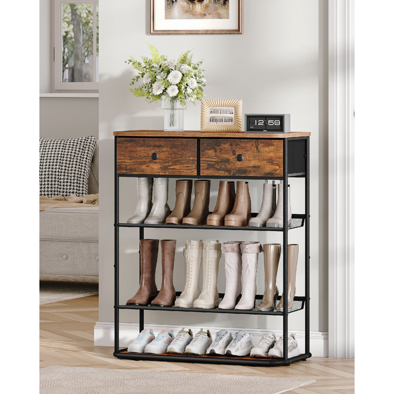 Shoe Rack, 5 Tier Shoe Stand with 2 Non-Woven Drawers, Adjustable angle Mesh Shelves, Can Hold 16-20 Pairs of Shoes, Shoes Shelf for Closet, Entryway, Retro Brown and Black 