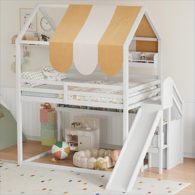 Lit double superposé de style maisonnette avec glissoire à baldaquin et bibliothèque intégrée en bois massif finition blanche