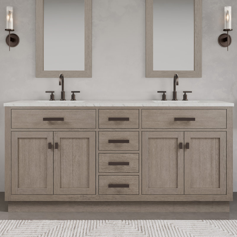 Chestnut 72" Carrara White Marble Countertop Bath Vanity with Faucet, Gray Oak
