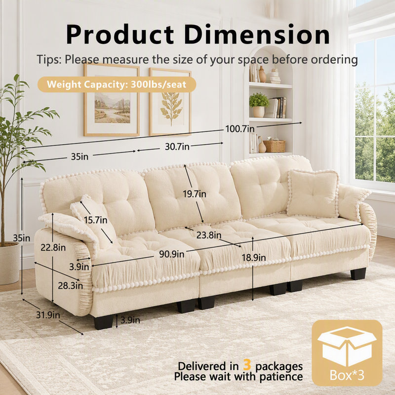 Canapé Chenille Cloud 3 places avec repose-pieds et 4 coussins, beige crème, 3-Seater, Cream Beige